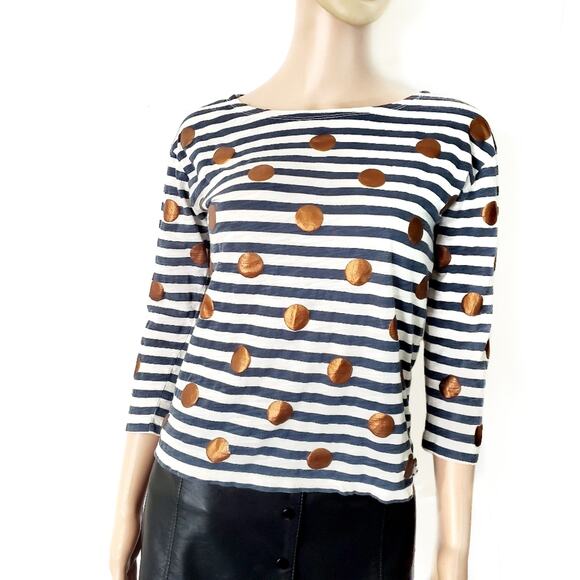J Crew | Navy Striped Gold Dot 3/4 Sleeve Tee - Picture 1 of 8
